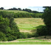 A view of the par-3 fourth hole on the Montgomerie course at Celtic Manor Resort in Wales.